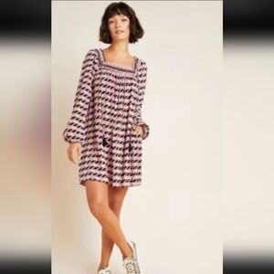 Anthropology Maeve Adrienne Square Neck Geometric Boho Tunic Dress Pink Sz Small